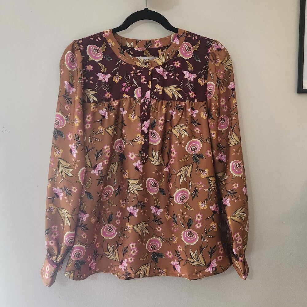 LOFT Women’s S Floral Print Long Sleeve Lightweight Henley Boho Peasant Blouse